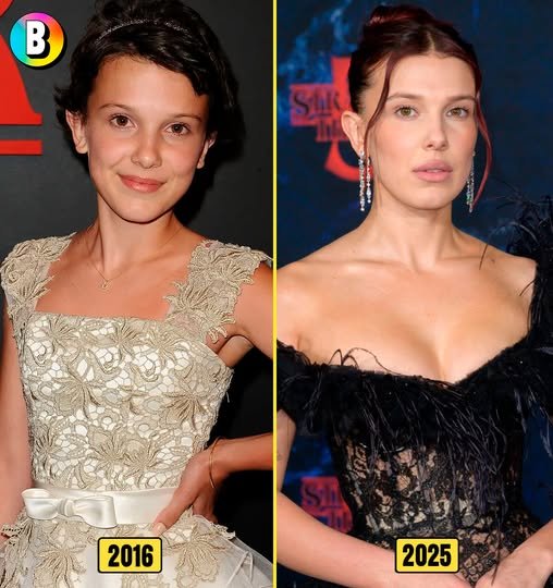 Caption: Millie Bobby Brown from her early Stranger Things days (2016) to her mature red-carpet appearances in 2026.